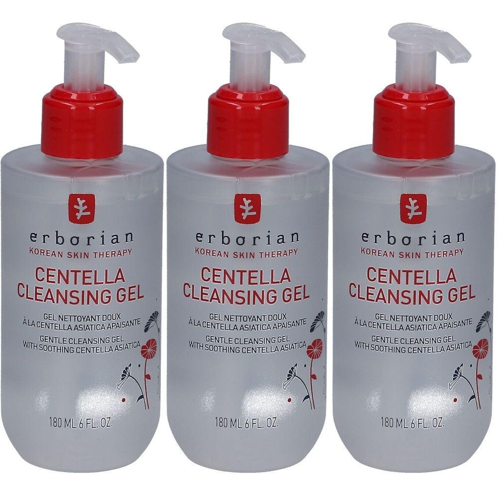 Drei Flaschen Erborian Centella Cleansing Gel mit rotem Pumpkopf. Aufschrift: Centella Cleansing Gel, 180 ml.