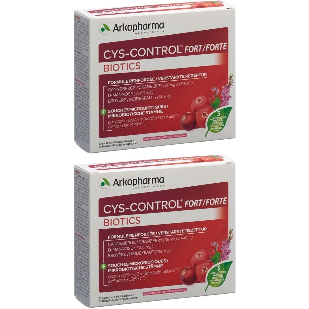 Zwei Schachteln Cys-Control Fort. Aufdruck: Arkopharma, Cys-Control Fort, Cranberry, D-Mannose, Heidelbeere, probiotische Stämme.