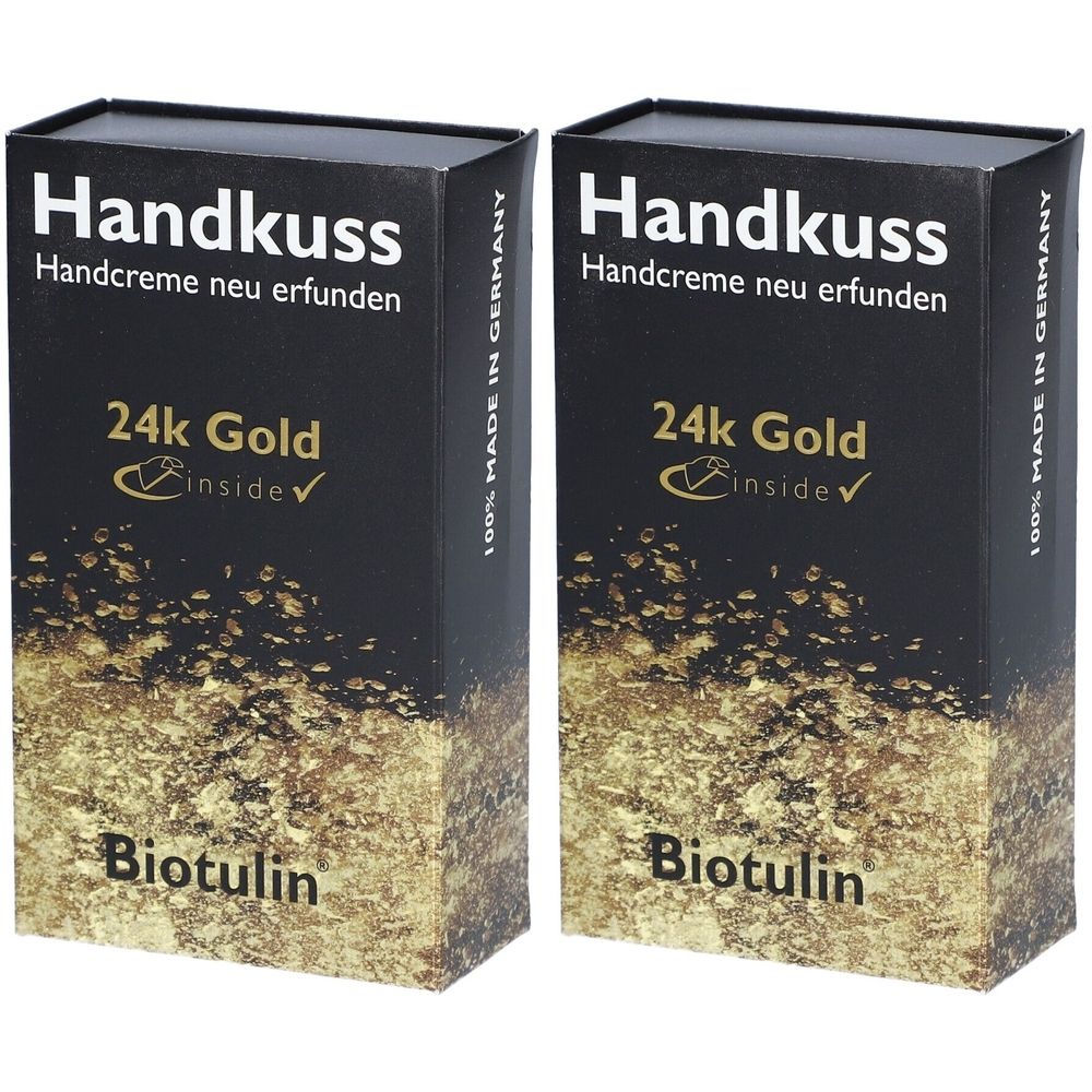 Zwei schwarze Schachteln mit "Handkuss Handcreme" und "24k Gold". Goldene Partikel auf der Verpackung. "Biotulin" steht unten.