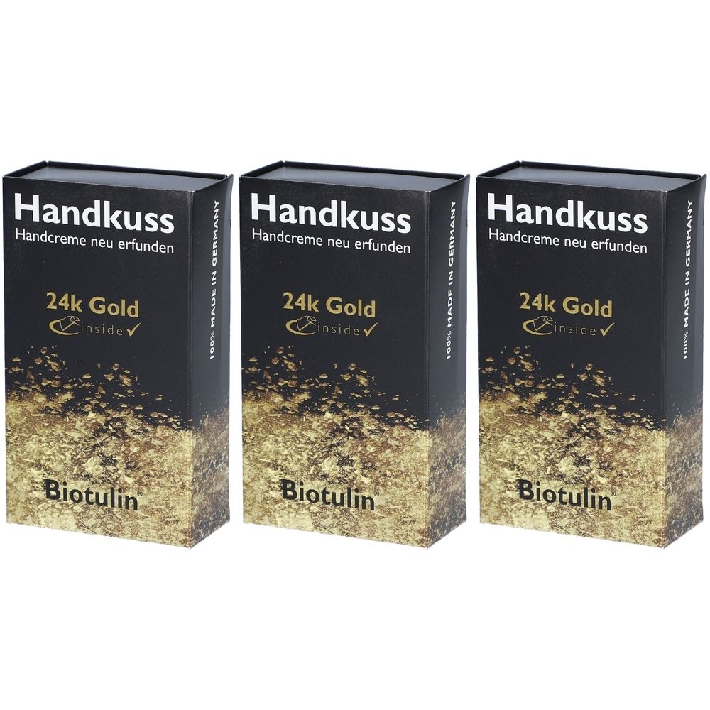 Drei Schachteln Handcreme. Aufschrift: Handkuss, 24k Gold, Biotulin. Schwarze Verpackung mit goldenem Muster.