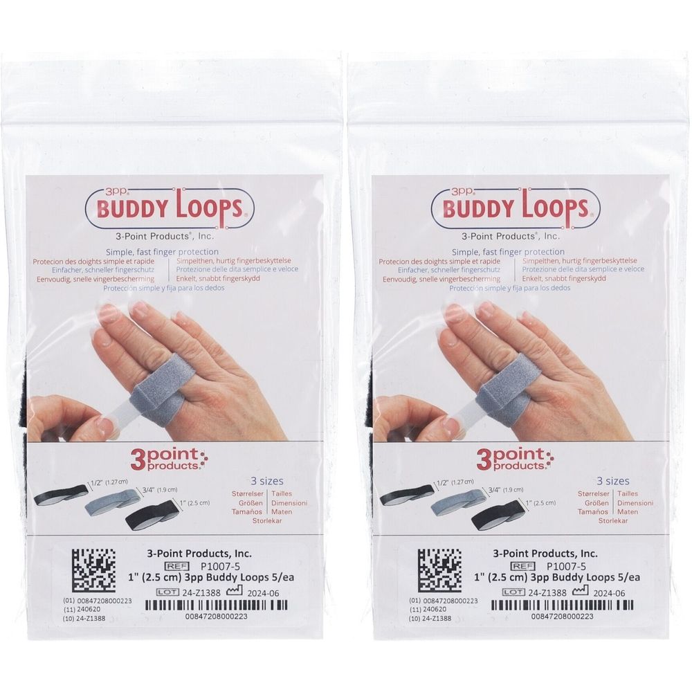 Zwei transparente Beutel mit Fingerbandagen. Auf der Verpackung ist ein Finger mit Bandage abgebildet. Text: Buddy Loops, 3 Point Products.