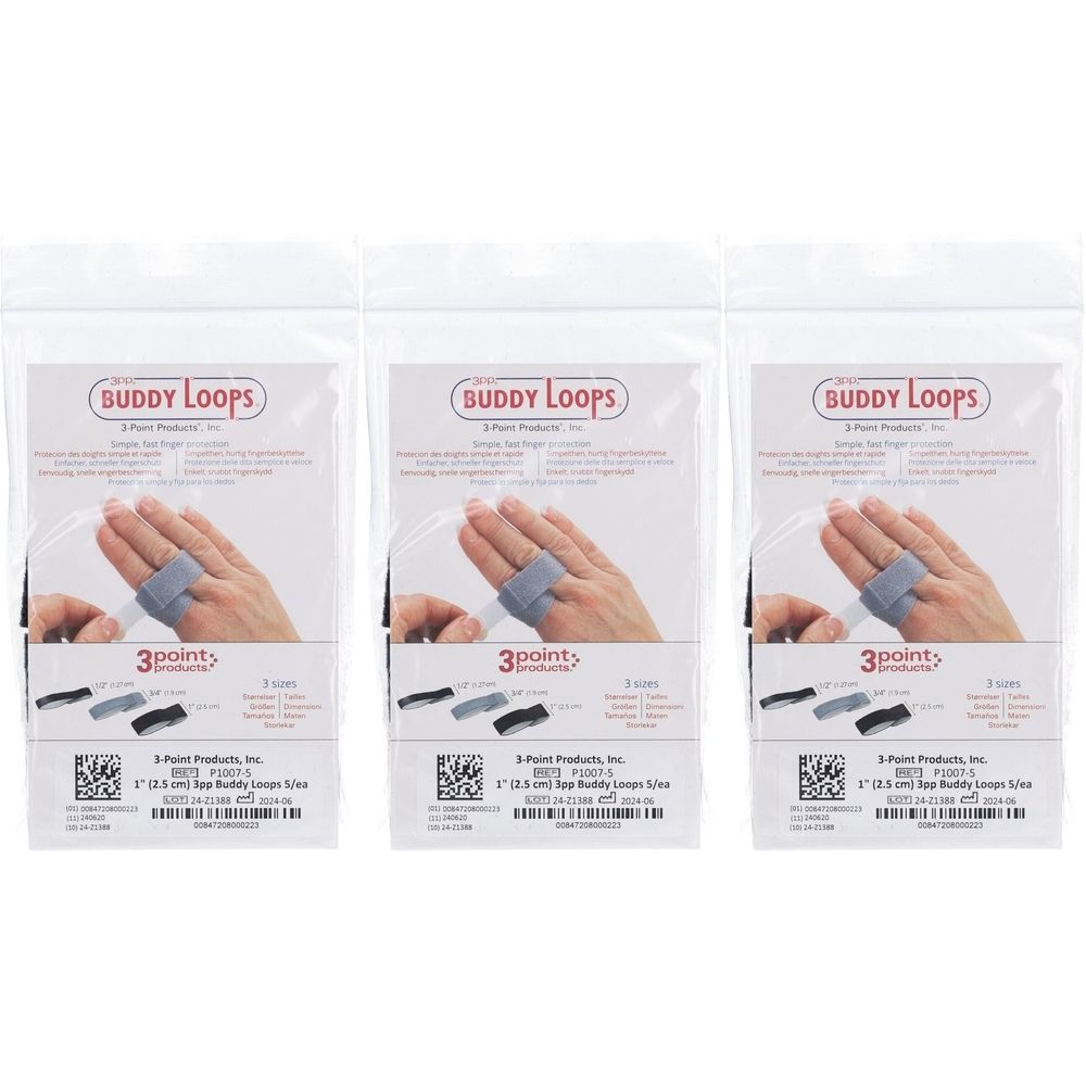 Drei Packungen Buddy Loops Fingerbandagen. Jede Packung zeigt eine Hand mit Bandage. Schwarze und graue Bandagen sind abgebildet.