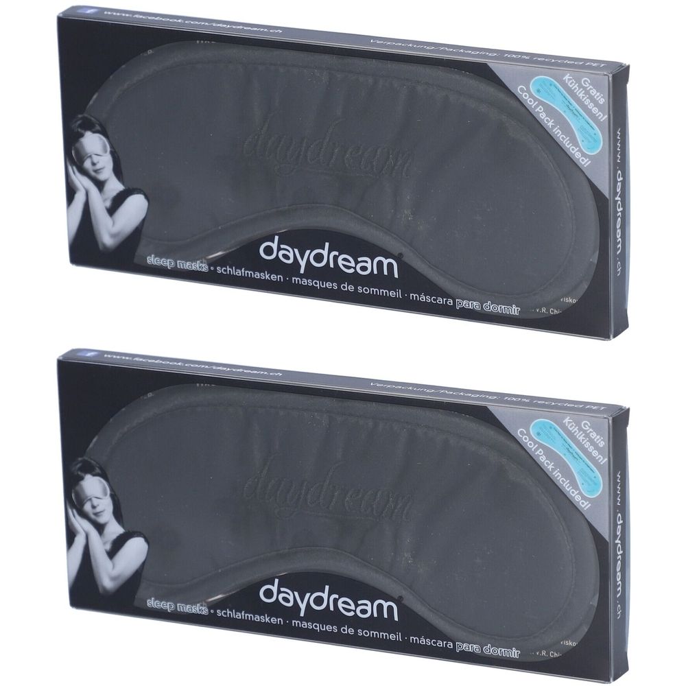 Deux masques de sommeil noirs dans leur emballage. Marque: daydream. Inclus: pack froid. Texte: deep rests, schlafmasken, masques de sommeil, mascara pour dormir.