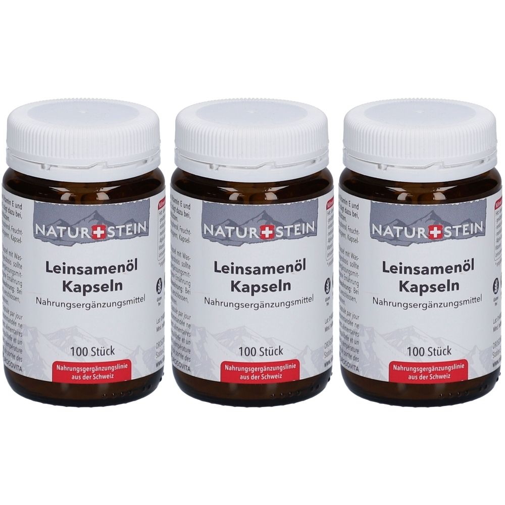 Trois flacons bruns avec des couvercles blancs. Les étiquettes indiquent "NATUR+STEIN Leinsamenöl Kapseln". Chaque flacon contient 100 pièces.