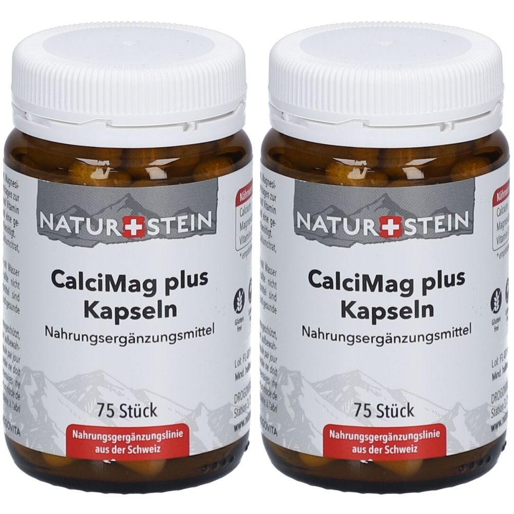 Zwei Flaschen NATURSTEIN CalciMag plus Kapseln. Braune Glasflaschen mit weißen Deckeln. Aufschrift: CalciMag plus Kapseln, 75 Stück, Nahrungsergänzungsmittel.
