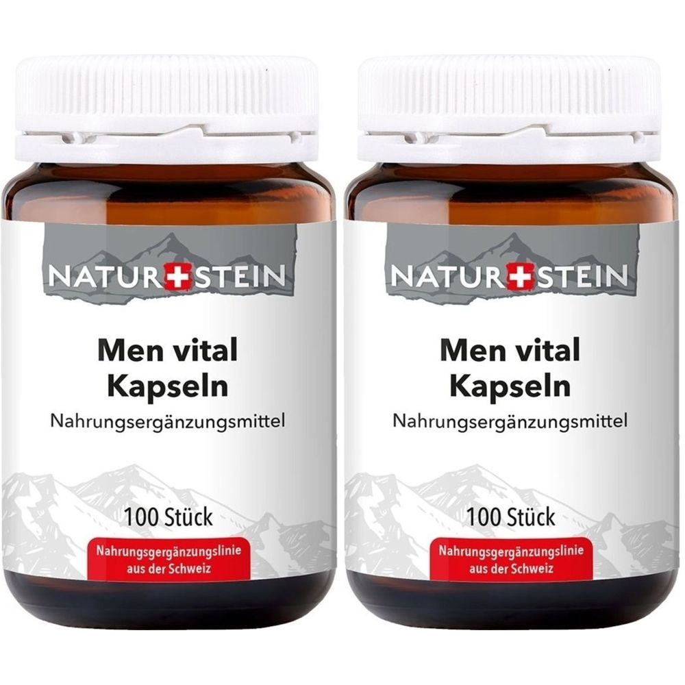 Zwei braune Flaschen mit weißen Deckeln. Auf den Etiketten steht "NATUR+STEIN Men vital Kapseln". Darunter "Nahrungsergänzungsmittel" und "100 Stück".