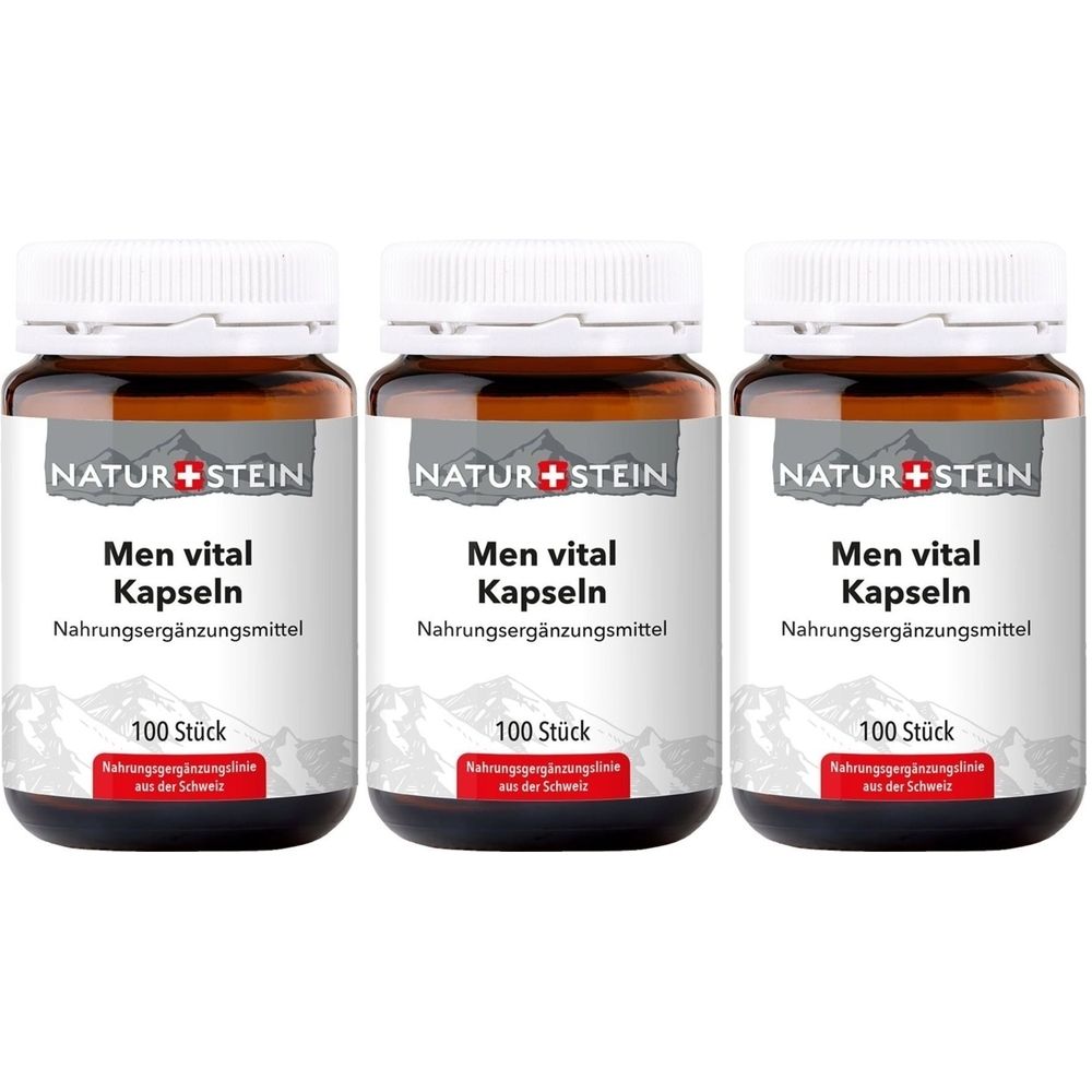 Drei braune Flaschen mit weißen Deckeln. Auf den Etiketten steht "NATUR+STEIN Men vital Kapseln Nahrungsergänzungsmittel".
