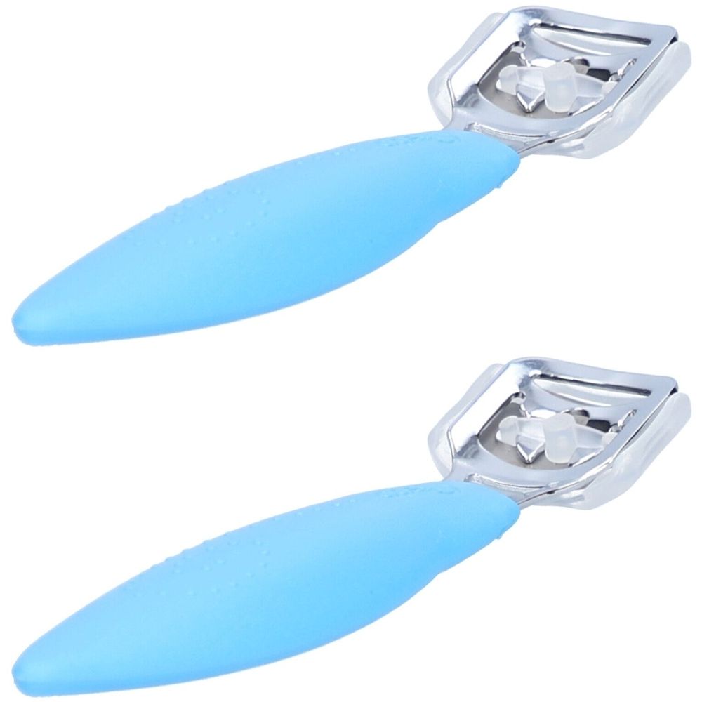 Zwei Fußraspel mit hellblauen Griffen und silberfarbenen Klingen. Die Griffe sind ergonomisch geformt.