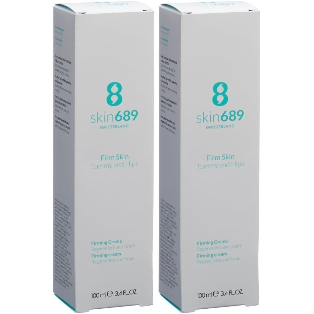Zwei weiße Kartons mit Produktaufdruck. Aufschrift: skin689, Firm Skin Tummy and Hips. Darunter: Firming Creme. 100ml.
