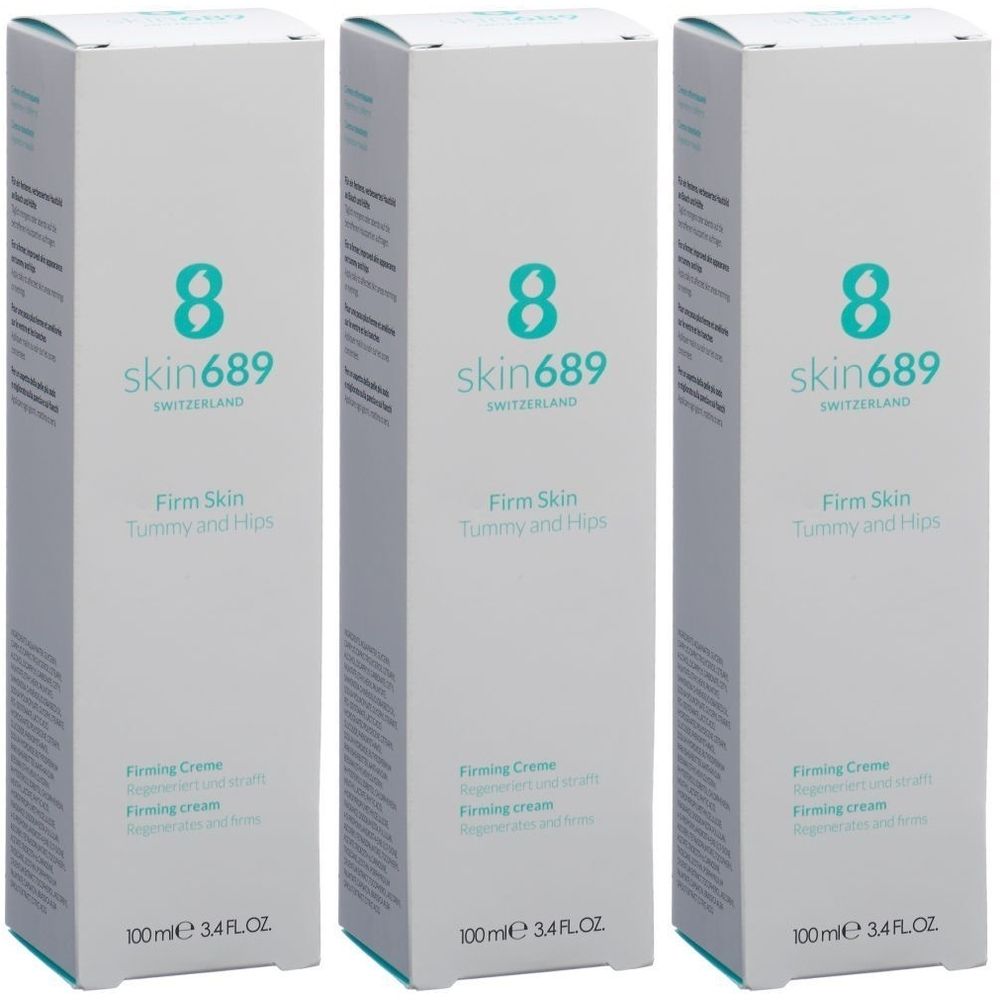 Drei weiße Produktverpackungen mit der Aufschrift "skin689 SWITZERLAND Firm Skin Tummy and Hips". Auf jeder Packung steht "100ml 3.4 FL.OZ".