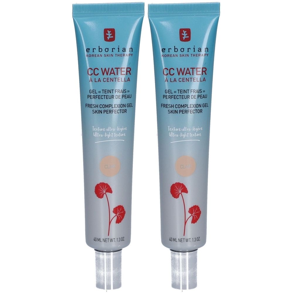 Zwei Tuben Erborian CC Water Gel. Hellblaue Tuben mit Produktbezeichnung und floralem Design. 40ml.