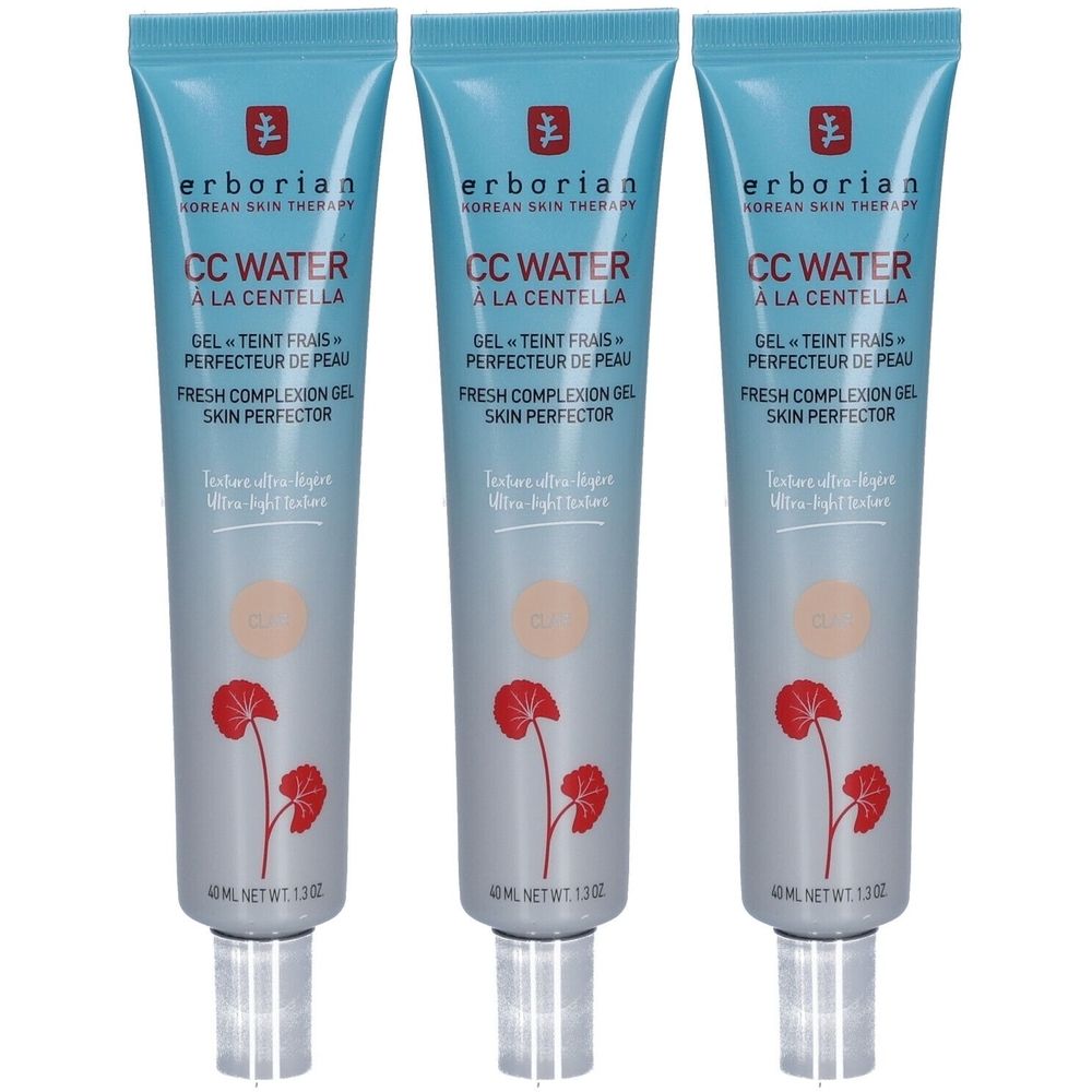 Drei Tuben Erborian CC Water Gel. Hellblaue Tuben mit Produktbezeichnung und floralem Design. 40 ml.