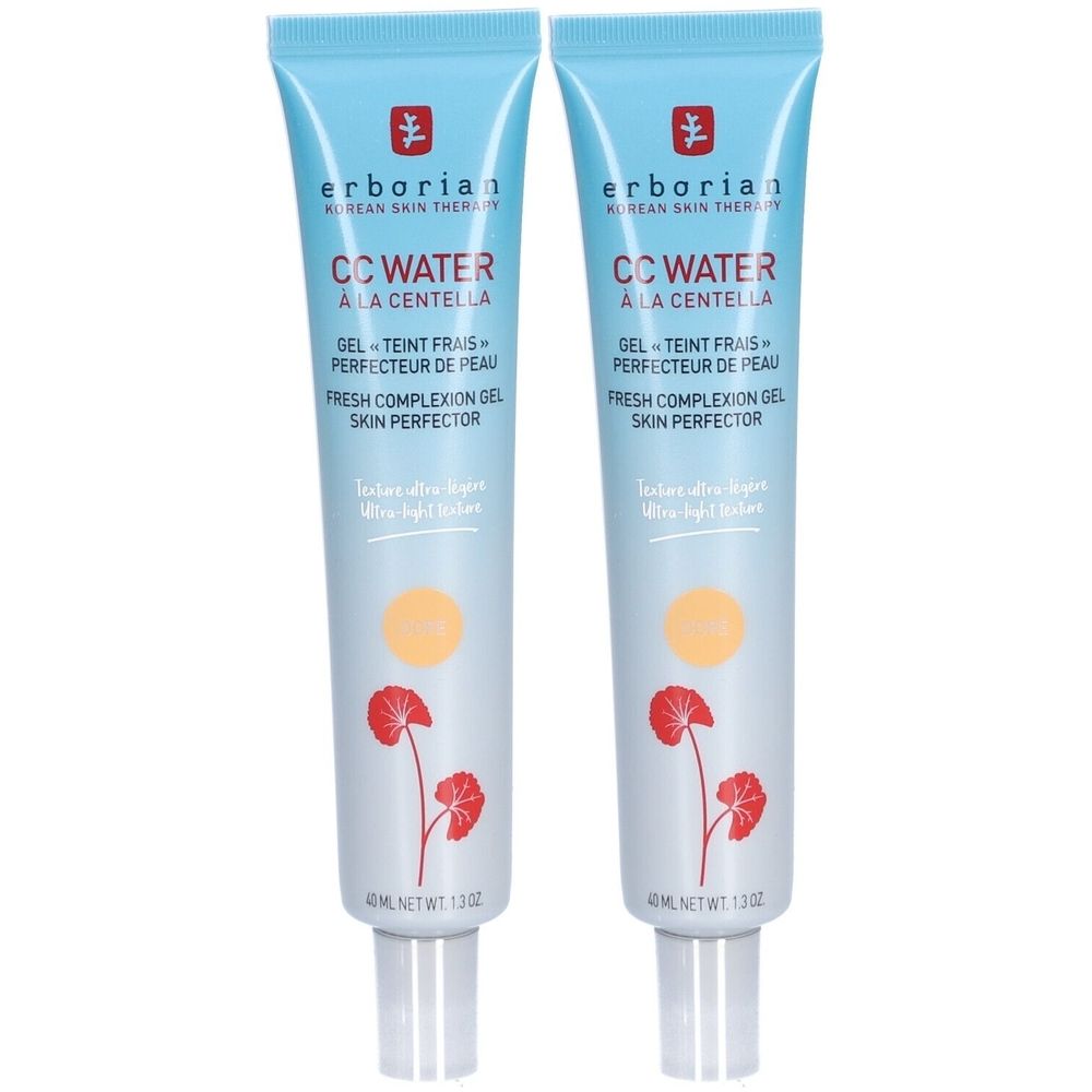 Zwei Tuben Erborian CC Water Gel. Hellblaue Tuben mit rotem Logo und Produktbezeichnung. Gelbe Produktprobe.