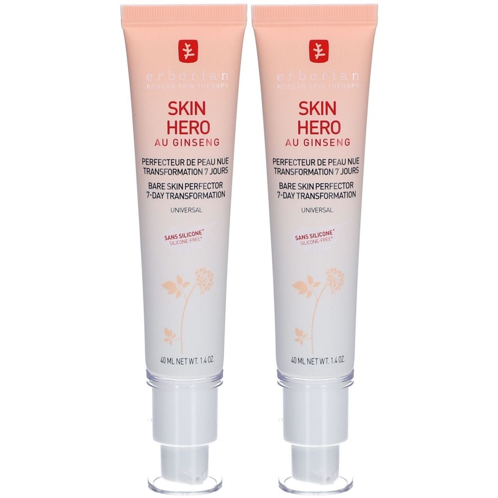 Zwei Tuben Erborian Skin Hero. Aufschrift: Skin Hero au Ginseng, Bare Skin Perfector. 40 ml.