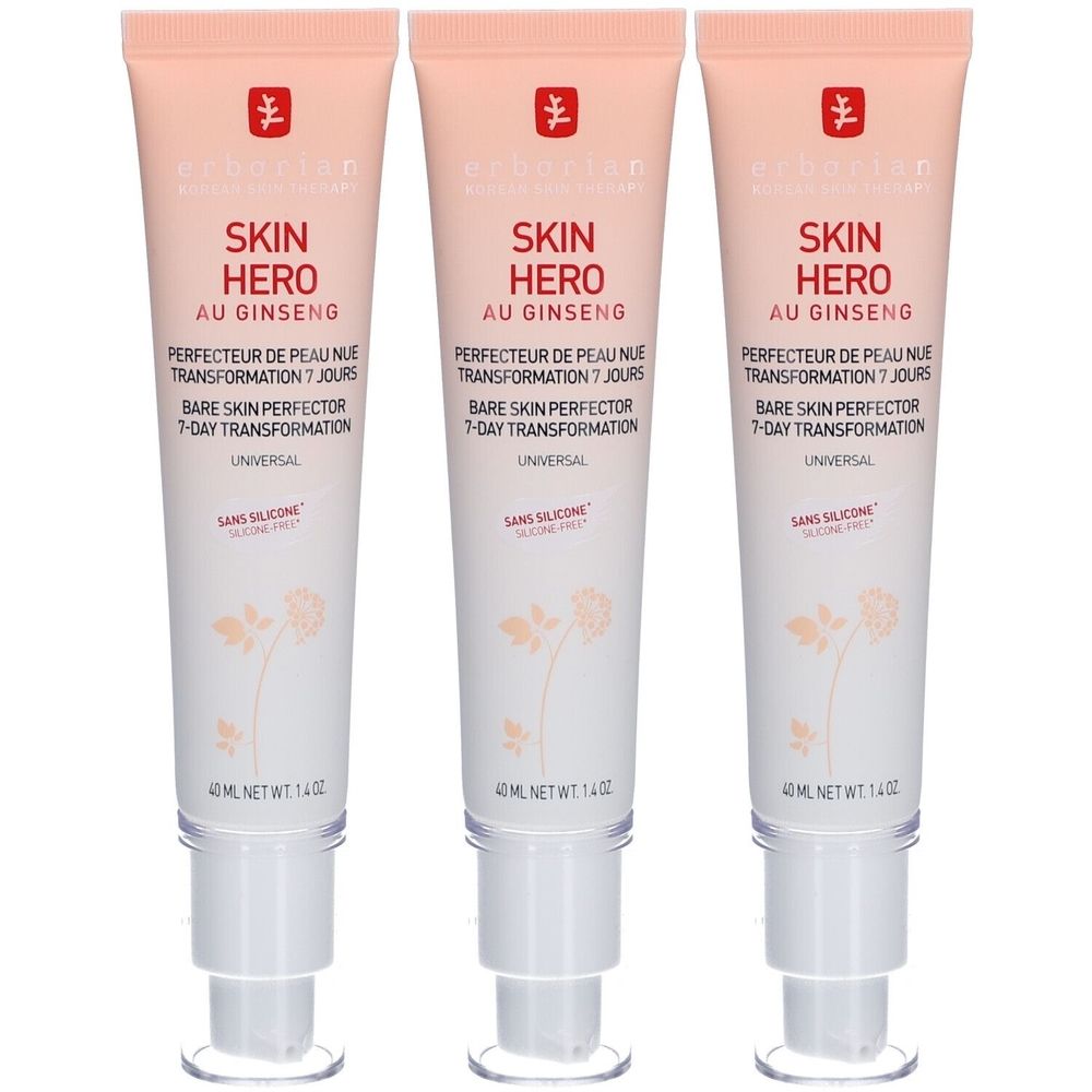 Drei Tuben Hautperfektionierer. Aufschrift: Skin Hero, Au Ginseng, Bare Skin Perfector, 7-Day Transformation. 40ml.