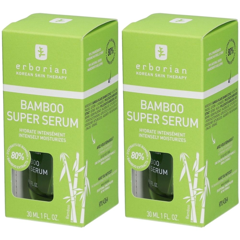 Zwei grüne Kartons mit "Erborian Bamboo Super Serum"-Aufdruck. Aufschrift: "Hydrate intensément, intensely moisturizes". Enthält 30 ml.