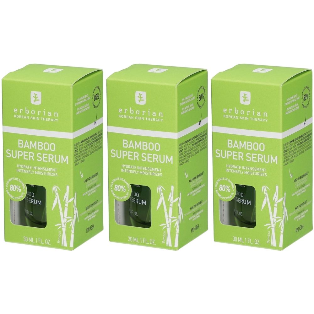 Drei grüne Kartons mit dem Produkt "Bamboo Super Serum". Aufschrift: "erborian", "Hydrate intensément".