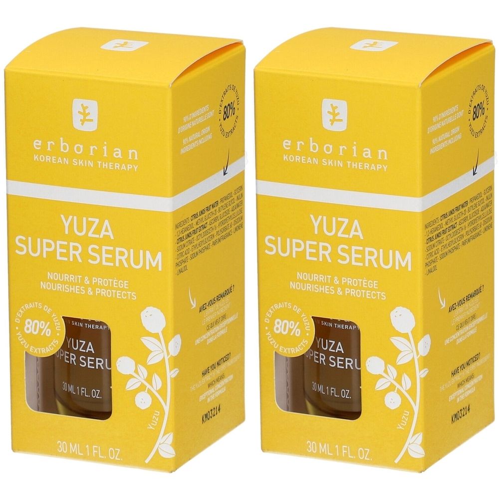 Zwei gelbe Kartons mit Produktaufdruck. Aufschrift: Yuza Super Serum, 30 ml. Marke: erborian. Mit 80% Yuzu-Extrakt.