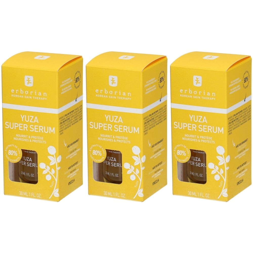 Drei gelbe Kartons mit dem Aufdruck "YUZA SUPER SERUM". Auf den Kartons sind auch der Markenname und Produktinformationen zu sehen.