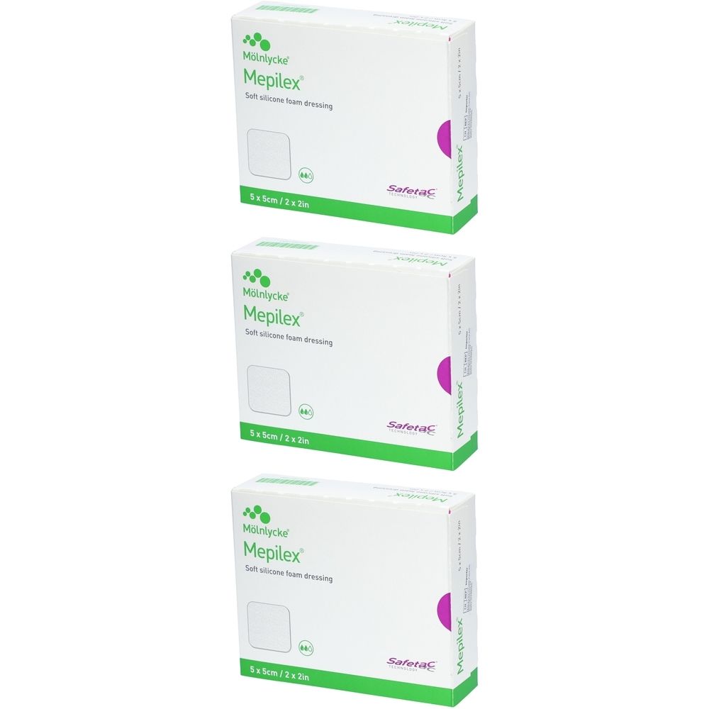Drei Schachteln Mepilex Schaumverband. Auf jeder Schachtel steht Mepilex, 5x5cm, Safetac. Die Verpackung ist weiß mit grünen und pinken Akzenten.