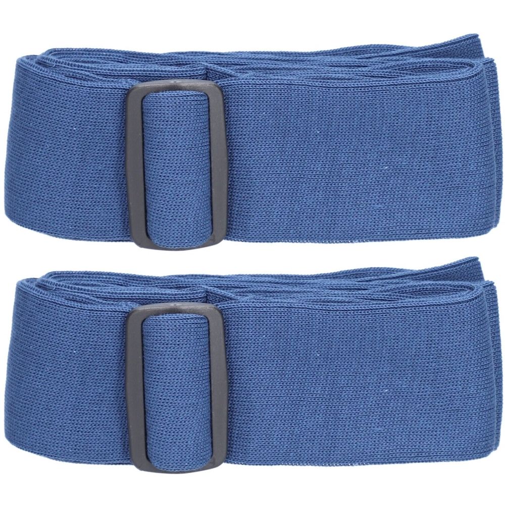 Zwei blaue Armschlaufen mit grauen Schnallen. Gewebtes Material, gerollt. Detailansicht.