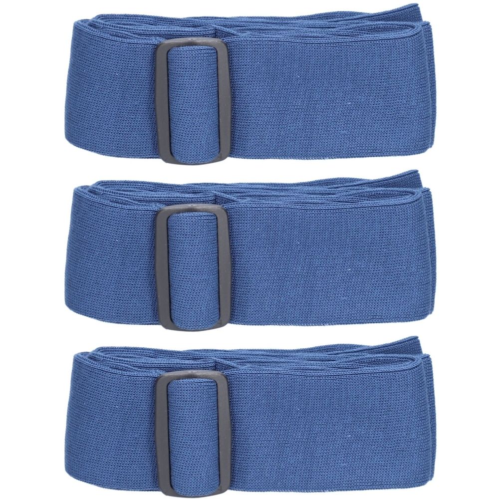 Drei blaue Armschlingen mit grauen Schnallen. Gewebtes Material, gerollt. Keine Größenangaben.