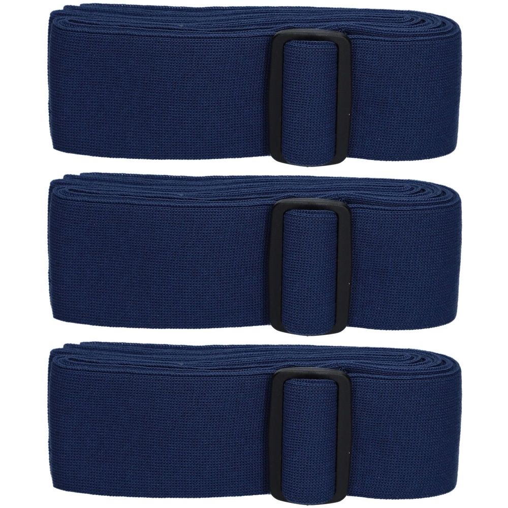 Drei blaue Armschlingen mit schwarzen Schnallen. Gewebtes Material, rechteckige Form. Einzeln aufgereiht.