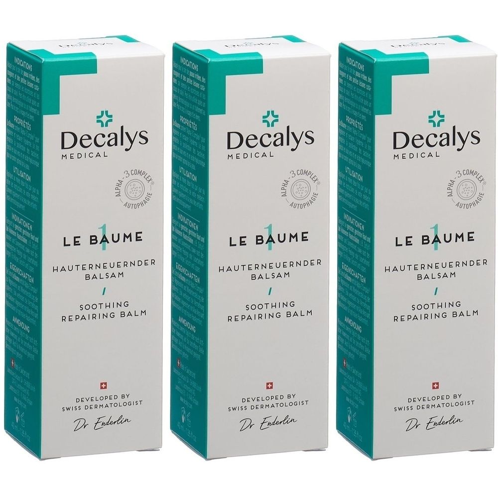 Trois boîtes blanches avec des accents verts. Inscription: Decalys Medical, Le Baume, Baume réparateur apaisant.