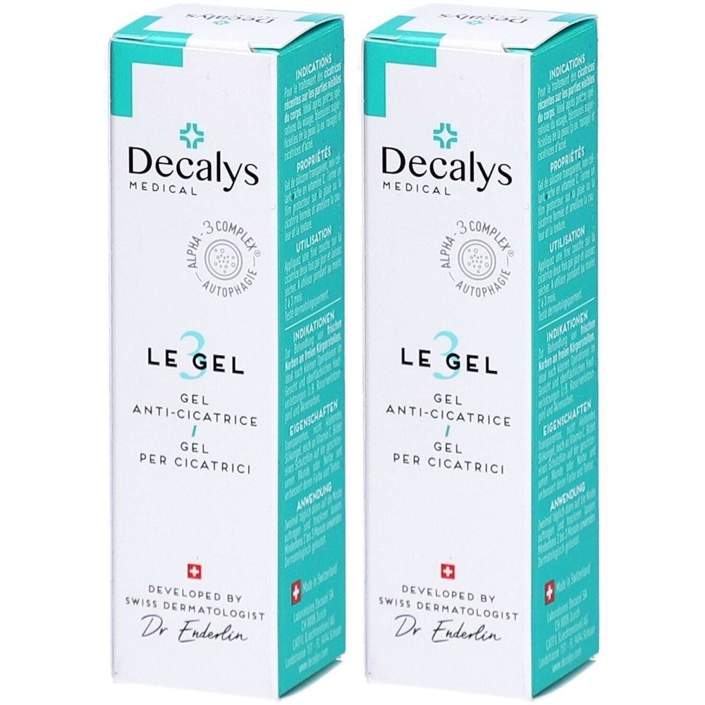 Deux boîtes de "Decalys MEDICAL Le Gel". Emballage blanc avec des accents turquoise. Texte en allemand, italien et français.