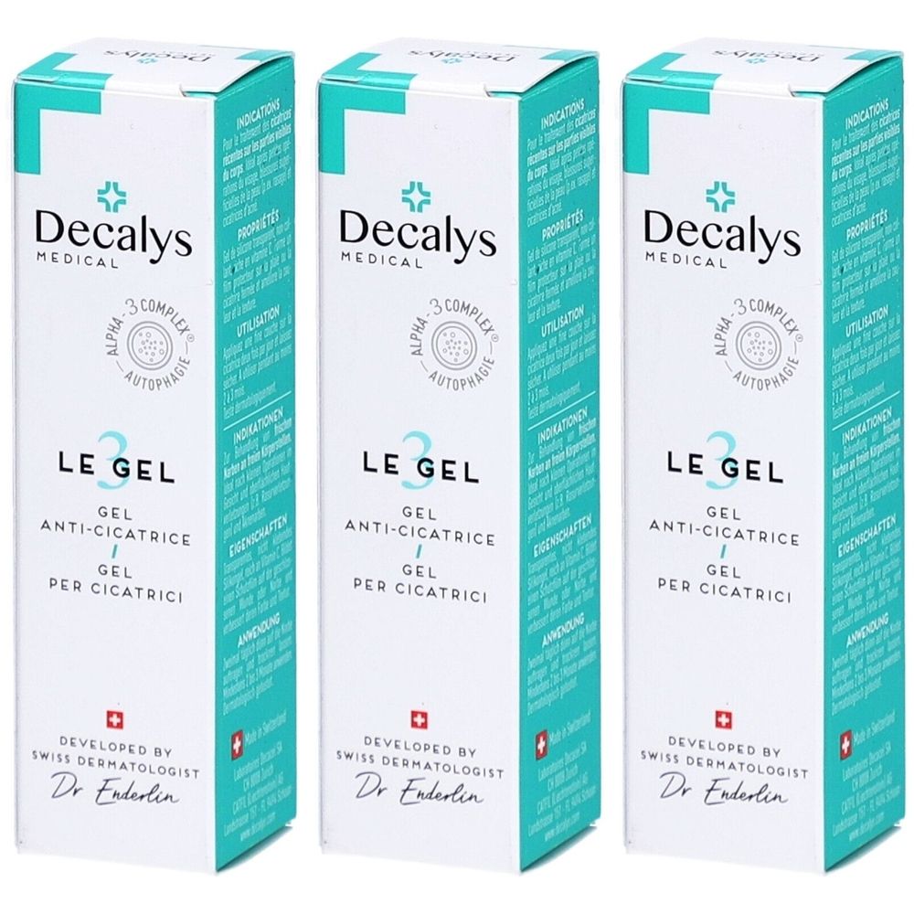 Trois boîtes de DECALYS MEDICAL Le Gel. Emballage blanc avec des accents turquoise. Texte: Le Gel, Anti-Cicatrice, Per Cicatrici.