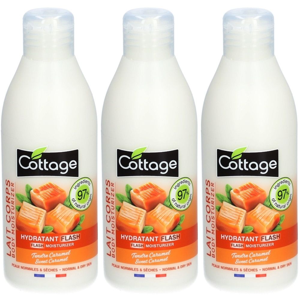 Trois flacons blancs avec bouchon bleu. Inscription: Cottage, HYDRATANT FLASH, Tendre Caramel. Illustration de bonbons au caramel.