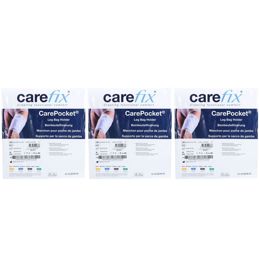 Drei Packungen Carefix CarePocket Beinbeutelfixierung. Jede Packung zeigt ein Bein mit Fixierung. Text: Leg Bag Holder, Manschon pour poche de jambe.