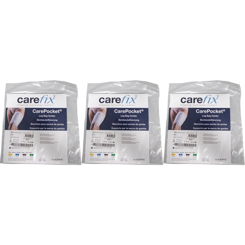 Drei transparente Beutel mit dem Logo "carefix" und der Aufschrift "CarePocket Leg Bag Holder".