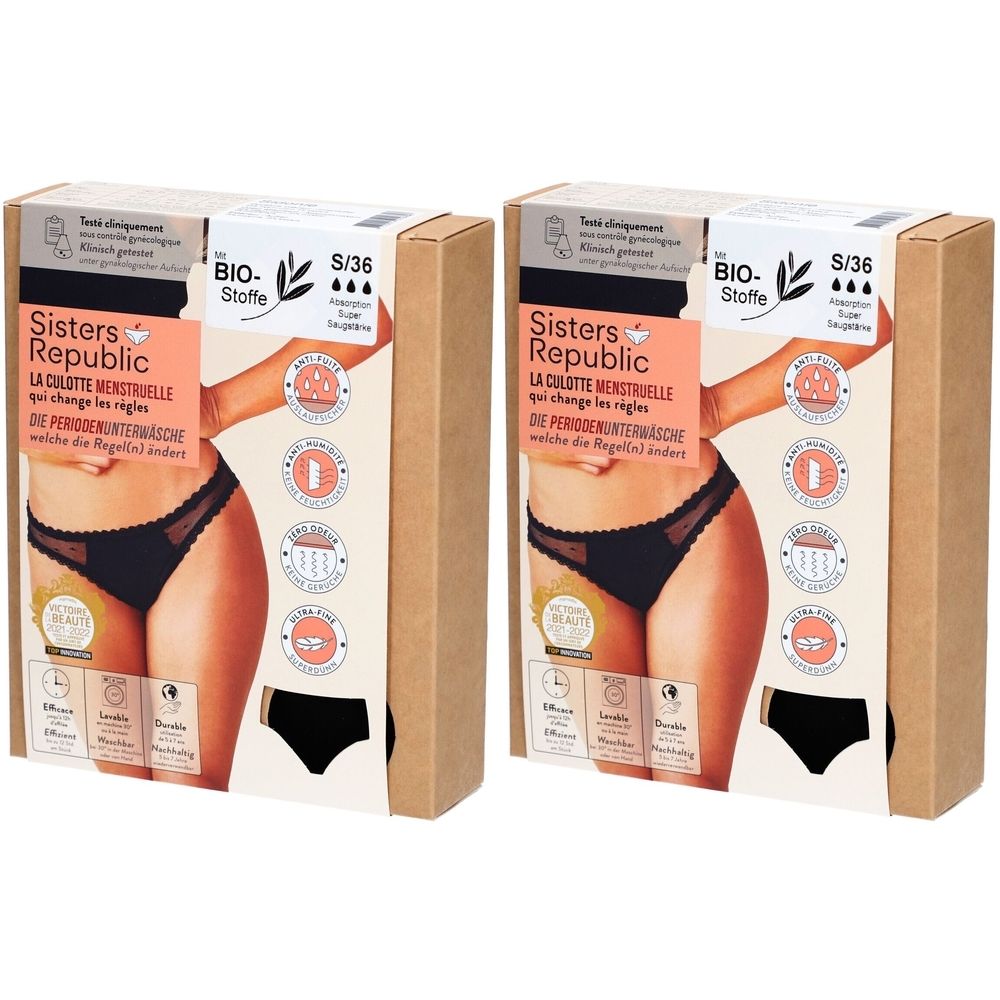 Deux boîtes de culottes menstruelles noires. Inscription: Sisters Republic, S/36, Bio-Stoffe. Image du produit et informations.