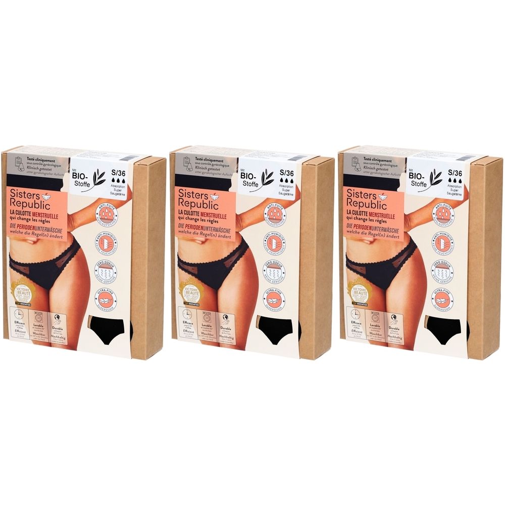 Trois boîtes de produit. Chaque boîte montre un bikini noir. Texte: Sisters Republic, La culotte menstruelle.