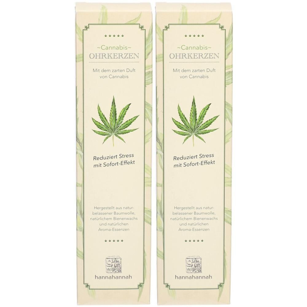 Deux boîtes rectangulaires. Inscription : Cannabis Ohrkerzen, feuille de cannabis, texte. Marque : hannahannah.