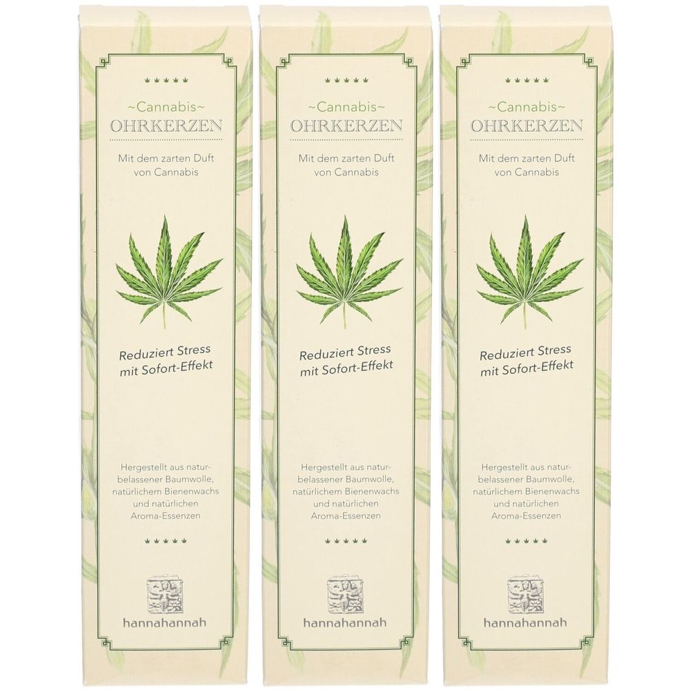 Drei Packungen Ohrkerzen. Auf jeder Packung: Cannabis-Ohrkerzen, Cannabis-Blatt, Text. Marke: hannahannah.