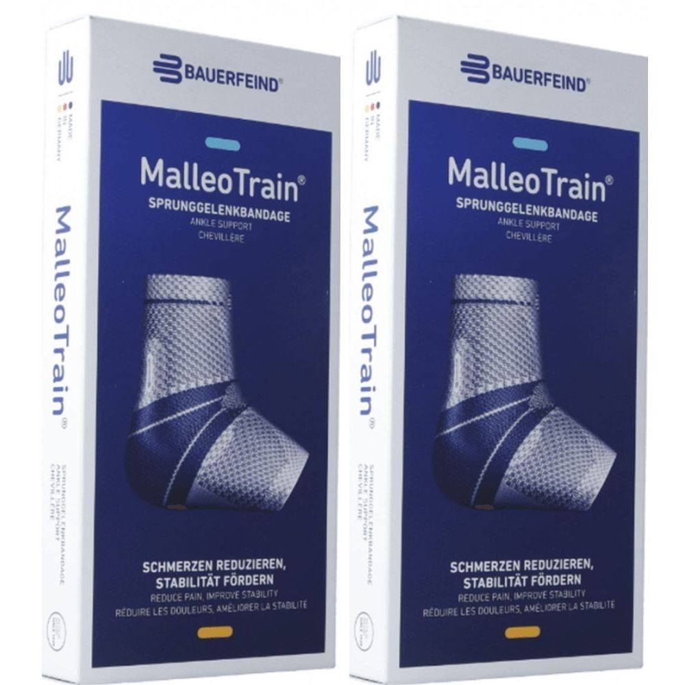 Zwei Verpackungen der MalleoTrain Sprunggelenkbandage. Aufdruck: Bauerfeind, Produktname, Beschreibung, und Funktionen.