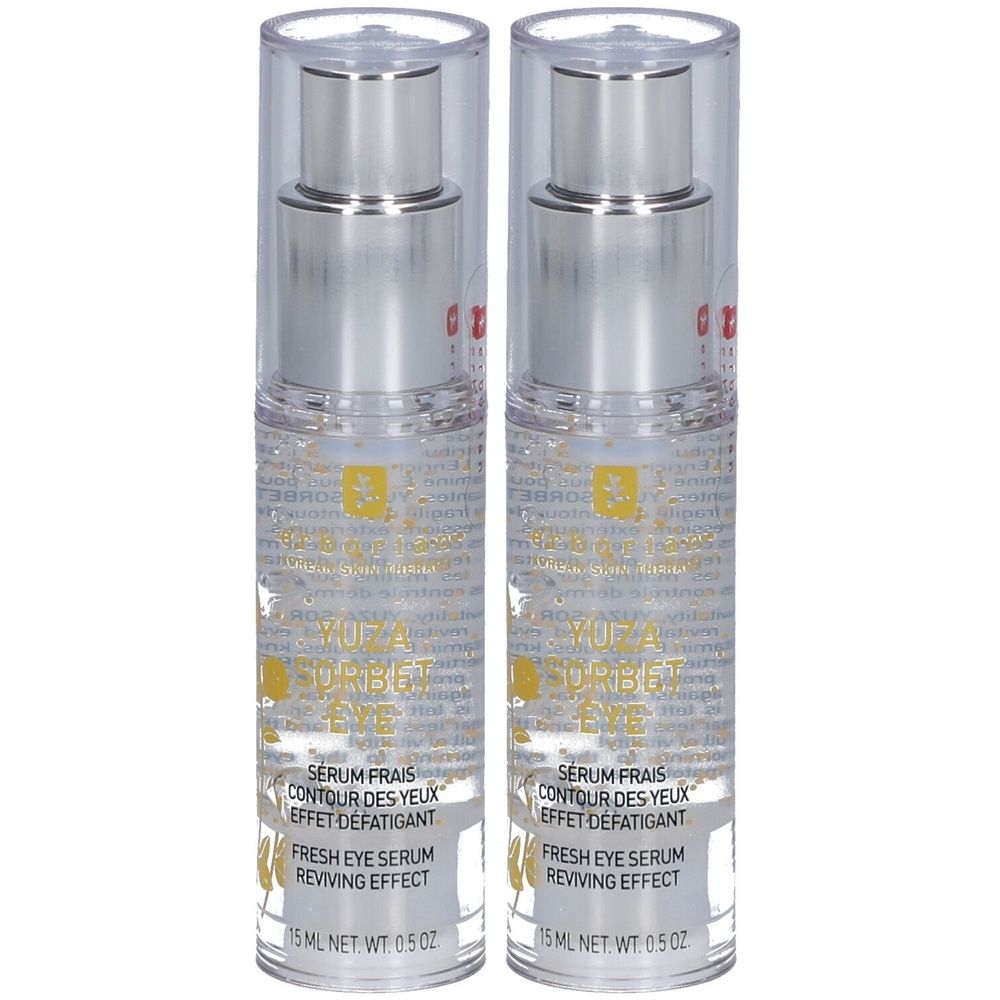 Zwei Flakons mit silberfarbenen Pumpköpfen und transparenten Kappen. Aufschrift: Yuza Sorbet Eye, Fresh Eye Serum, 15 ml.