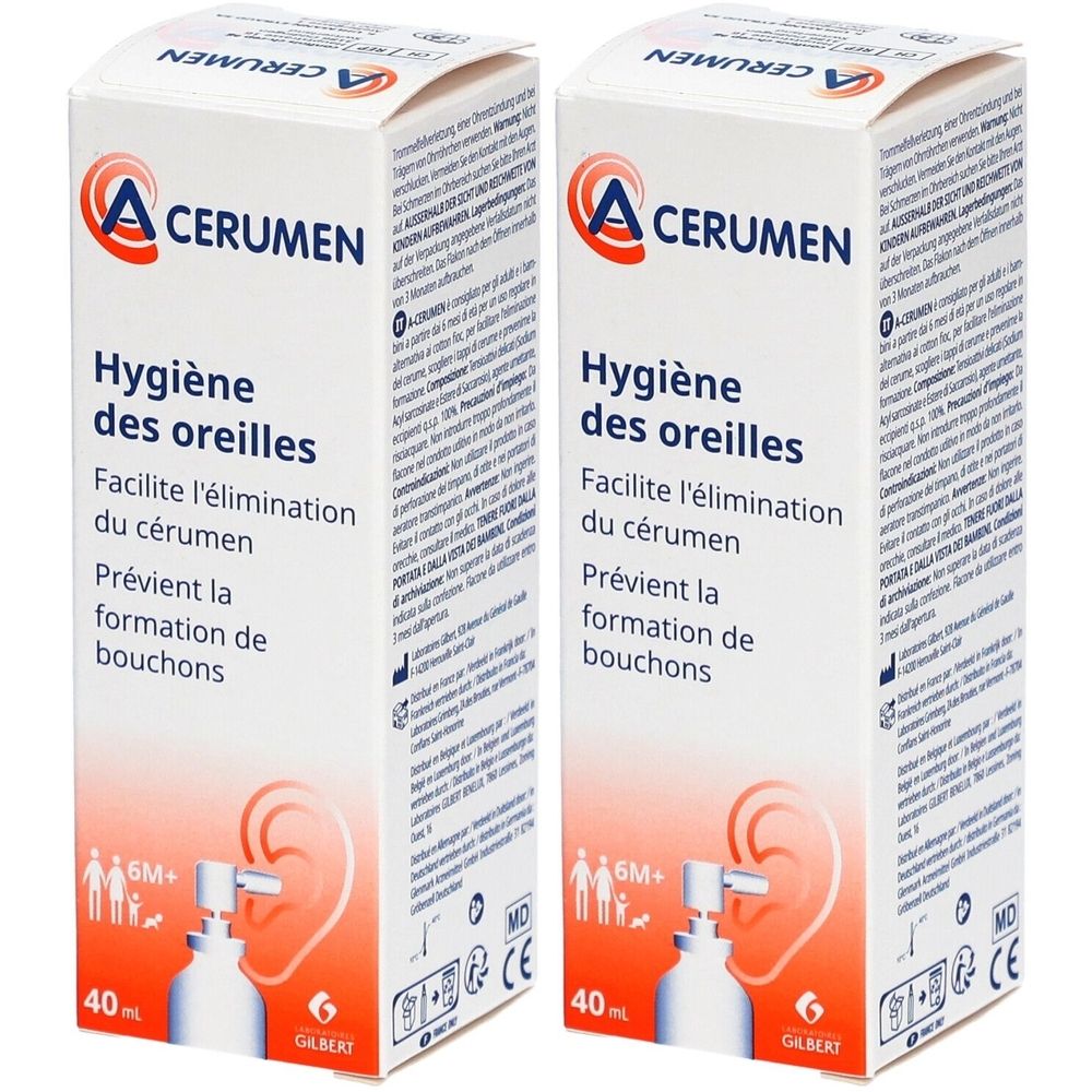 Zwei Kartons A-CERUMEN Ohrenspray. Aufschrift: Hygiène des oreilles, erleichtert die Entfernung von Ohrenschmalz, verhindert die Bildung von Ohrenschmalzpfropfen.