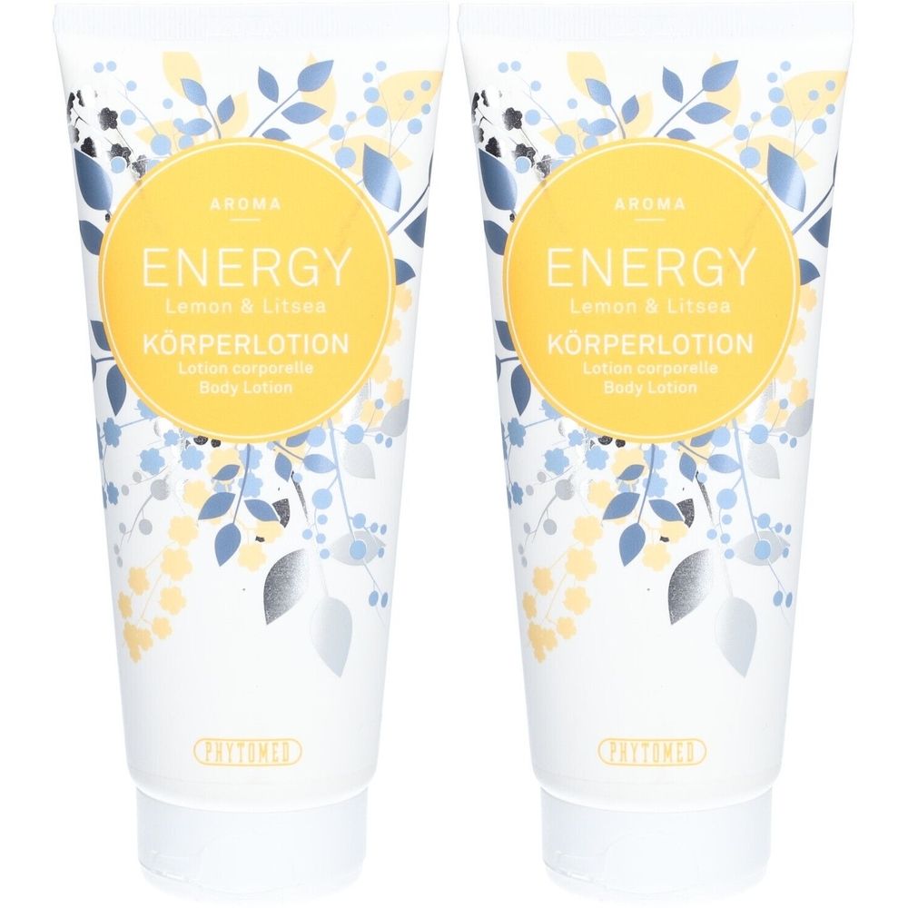 Zwei Tuben Körperlotion. Aufschrift: ENERGY, Lemon & Litsea, Körperlotion. Floralmuster. Weiß, gelb, blau.