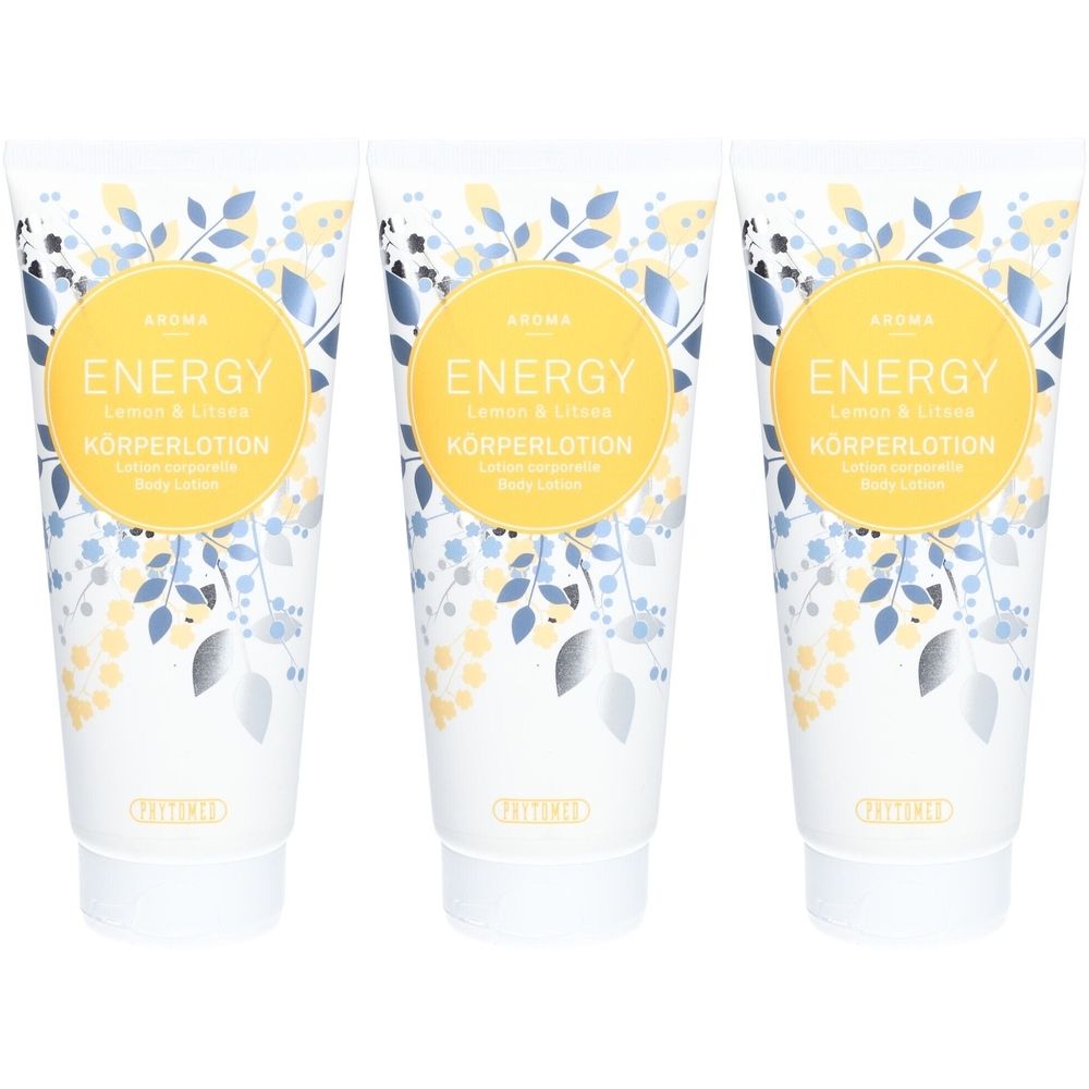 Trois tubes de lotion pour le corps. Inscription : ENERGY, Citron & Litsea, Körperlotion, Body Lotion. Motif floral, cercle jaune.