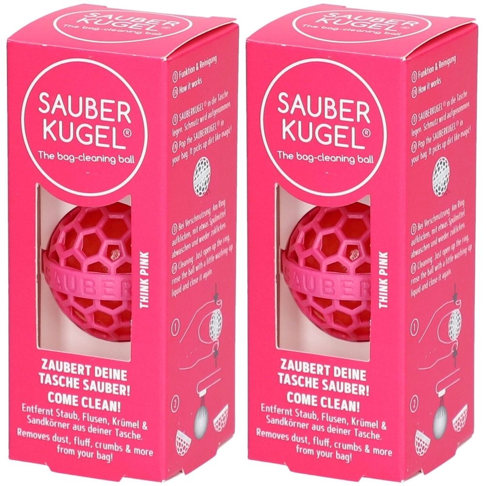 Zwei pinkfarbene Verpackungen mit Reinigungskugeln. Aufschrift: SAUBERKUGEL. Die Kugel hat ein wabenförmiges Design und ist in einer Box.