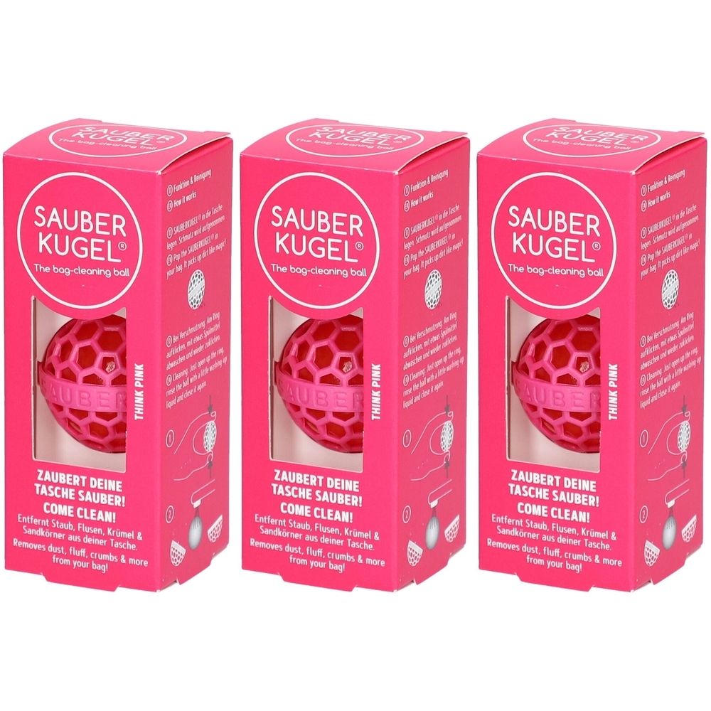 Drei pinke SAUBERKUGEL® Reinigungskugel-Boxen. Jede Box zeigt eine pinke Kugel mit Wabenmuster. Text: SAUBER KUGEL, THINK PINK.