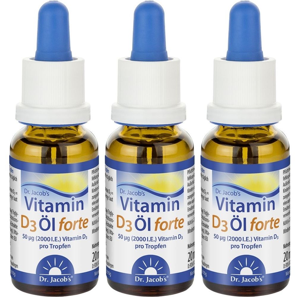 Drei Flaschen Dr. Jacob's Vitamin D3 Öl forte. Braune Glasflaschen mit blauem Tropfer und weißem Verschluss. Beschriftung sichtbar.