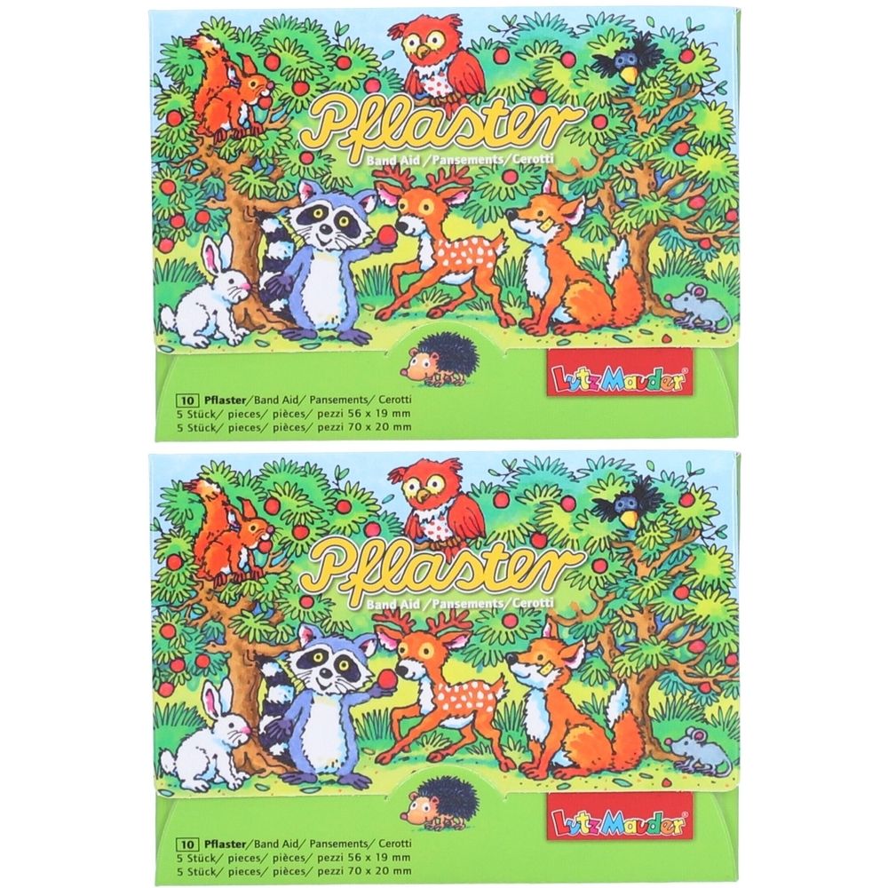 Zwei Packungen Kinderpflaster mit Waldtieren. Aufschrift "Pflaster". Enthält 10 Pflaster, 56 x 19 mm und 70 x 20 mm. Marke: Lutz Mauder.