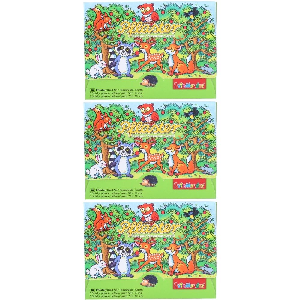 Drei Packungen Pflaster mit Waldtier-Illustrationen. Jede Packung zeigt einen Baum mit Tieren wie Waschbär, Fuchs und Reh.