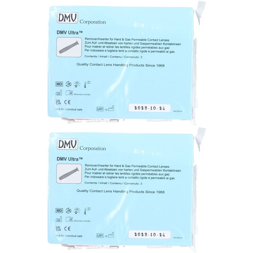 Zwei blaue Verpackungen mit Produktinformationen. Aufschrift DMV Ultra, CE-Zeichen und Haltbarkeitsdatum 2018-10-14.