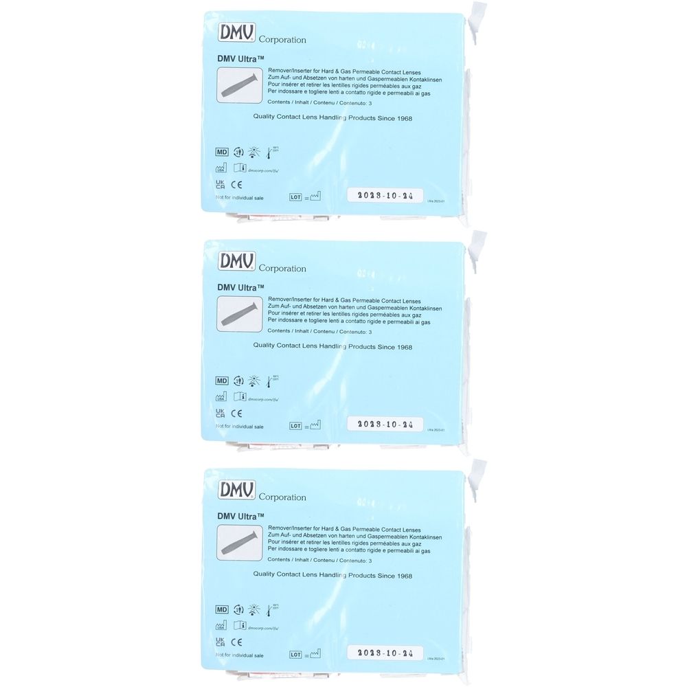 Drei Packungen DMV Ultra Kontaktlinsen-Entferner. Blaue Verpackung mit Produktinformationen und Haltbarkeitsdatum. CE-Zeichen.