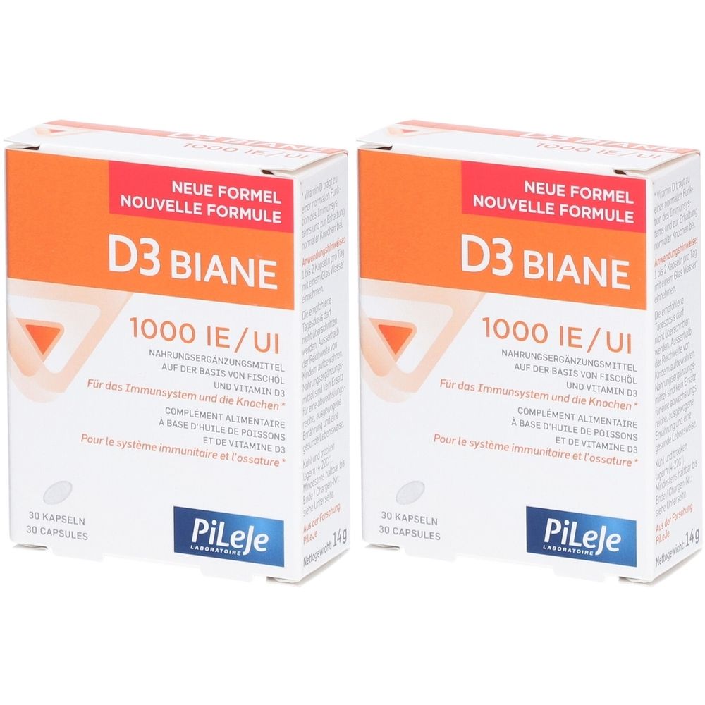 Zwei Schachteln mit der Aufschrift "D3 Biane 1000 IE/UI". Orangefarbener Streifen mit "NEUE FORMEL". Marke PiLeje.